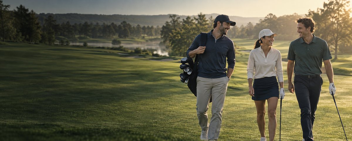 Friends walking together on a golf course at sunrise